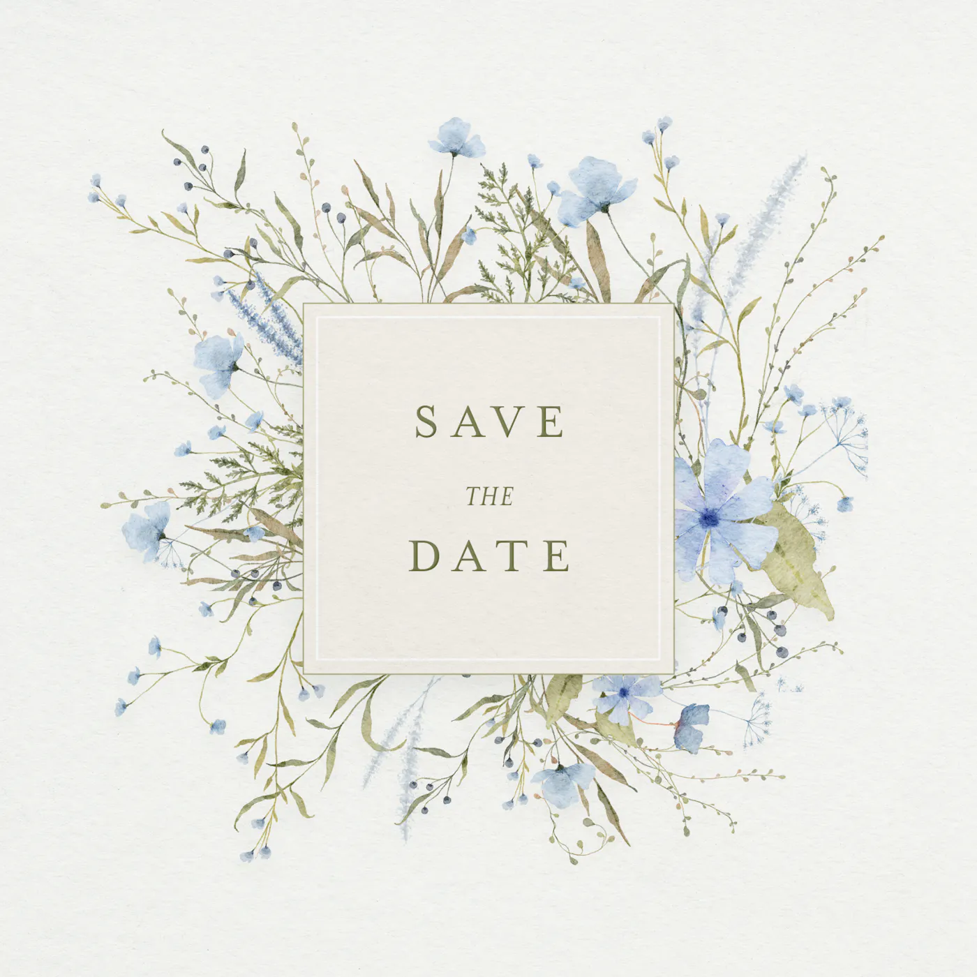 Blue watercolor flowers framing Save the Date